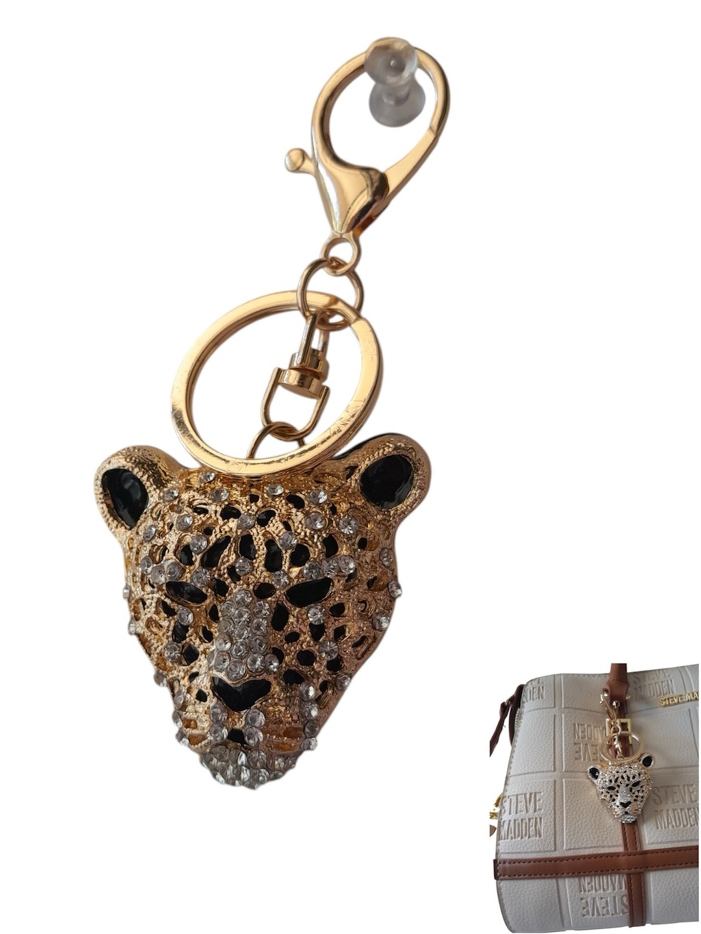 Gold Leopard Head Bag Charm Crystal Cheetah Keychain